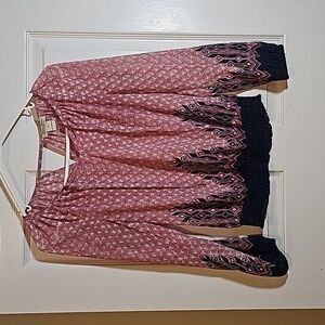 Lucky Brand Pink Purple Boho Print Semi Sheer Peasant Blouse Elastic Waist XS